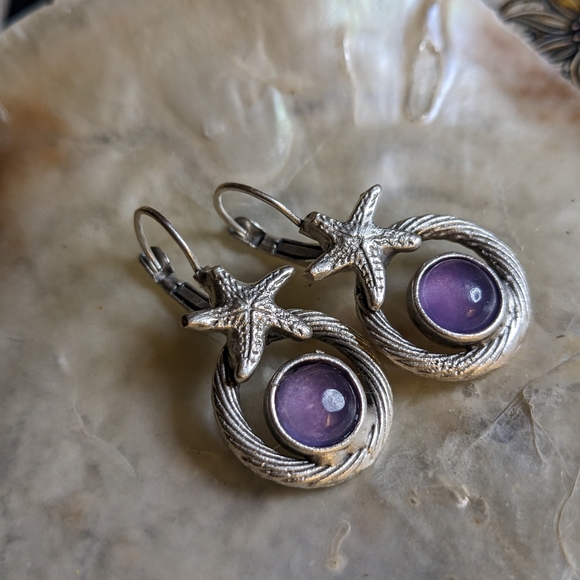 Natural Purple Jade in Silver Plated Starfish Earrings - Picture 2 of 4